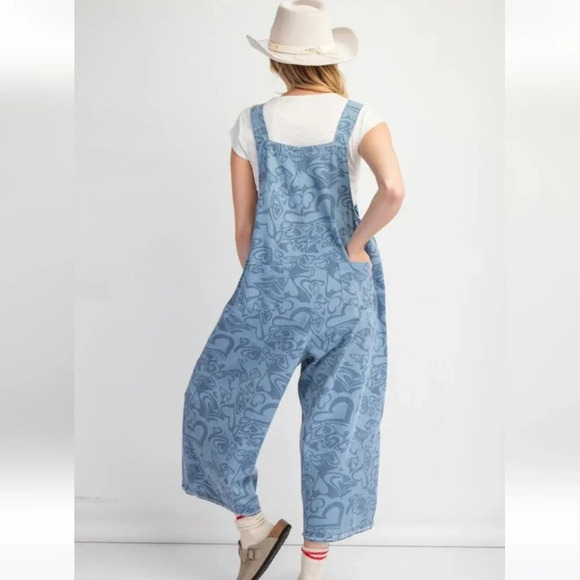 New Easel Heart Printed Denim Overalls Jumpsuit L - Picture 5 of 6